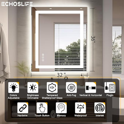 EchosLife 32"x36" LED Bathroom Mirror | Backlit + Front Lit, Anti-Fog, Stepless Dimmable, 3 Colors, Memory, Tempered Glass, UL Listed, Horizontal/Vertical