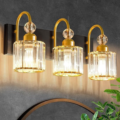 Bathroom Vanity Light Fixtures Over Mirror, Makeup Lighting for Modern Wall, Bath, Desk, Hallway, Farmhouse, 3 Crystal Lights, Black Gold
