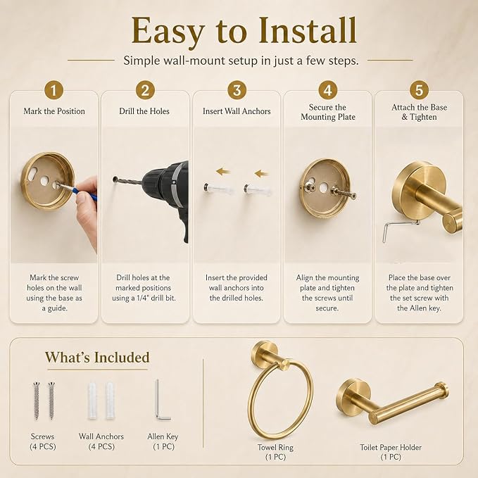 Toilet Paper Holder Towel Ring Brushed Gold Bathroom Hardware Hand Towel Holder Bathroom Accessories Set Wall Mount Stainless Steel 2 Pieces