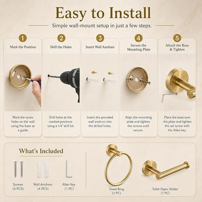 Toilet Paper Holder Towel Ring Brushed Gold Bathroom Hardware Hand Towel Holder Bathroom Accessories Set Wall Mount Stainless Steel 2 Pieces