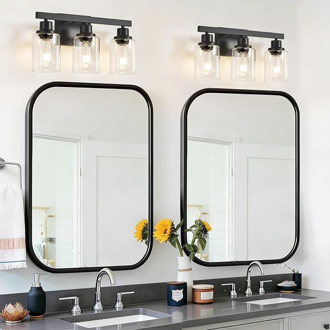 3-Light Bathroom Light Fixtures, Black Bathroom Vanity Light with Clear Glass Shade, Modern Bathroom Wall Lights Over Mirror, Farmhouse Wall Sconces Lighting for Bedroom LivingRoom