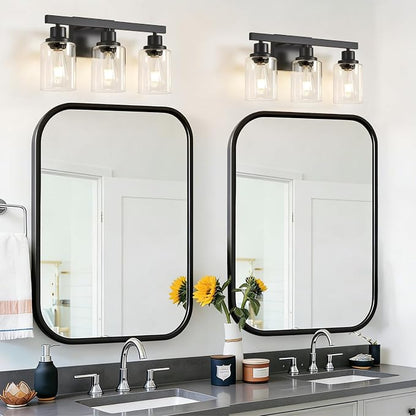 3-Light Bathroom Light Fixtures, Black Bathroom Vanity Light with Clear Glass Shade, Modern Bathroom Wall Lights Over Mirror, Farmhouse Wall Sconces Lighting for Bedroom LivingRoom
