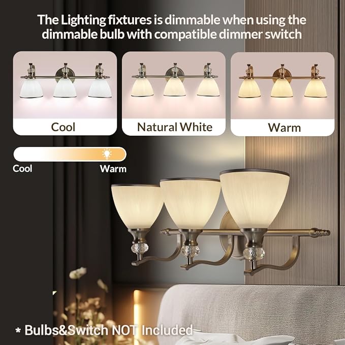 Bathroom Light Fixture, 3-Light Bathroom Vanity Light Brushed Nickel, Vintage Wall Sconce with Hand-Painted Frosted Lampshade, Wall Lamp in Silver Finish for Bedroom, Living Room, Restroom