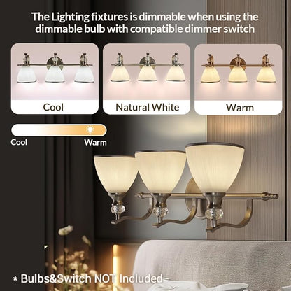 Bathroom Light Fixture, 3-Light Bathroom Vanity Light Brushed Nickel, Vintage Wall Sconce with Hand-Painted Frosted Lampshade, Wall Lamp in Silver Finish for Bedroom, Living Room, Restroom
