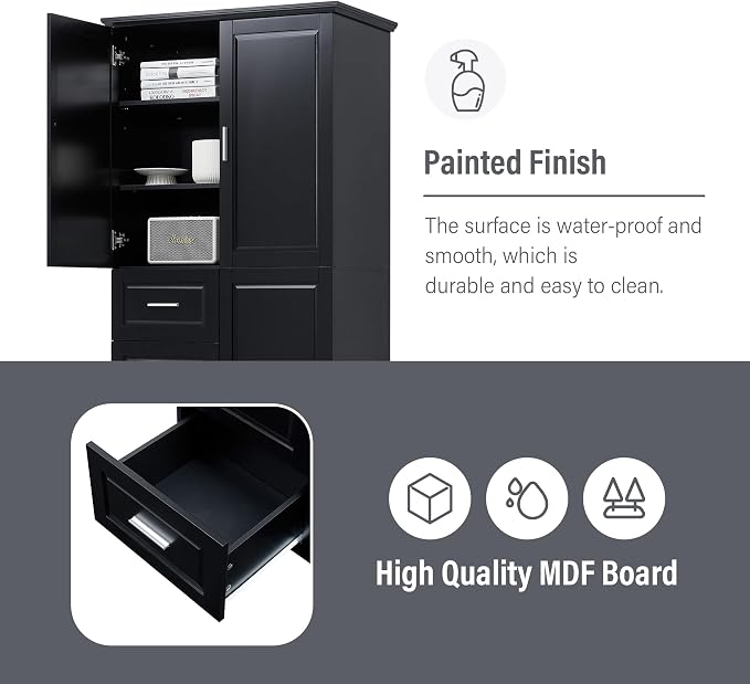 Merax 62.2" Pantry Cabinet with Three Doors & Three Drawers, Adjustable Shelves Storage Cupboard for Kitchen/Dining Room/Bathroom, Black