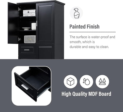 Merax 62.2" Pantry Cabinet with Three Doors & Three Drawers, Adjustable Shelves Storage Cupboard for Kitchen/Dining Room/Bathroom, Black