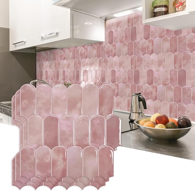 Vamos Tile 10-Sheet Backsplash Peel and Stick Tile, Pink Self Adhesive Vinyl Wall Tiles, Stick on Backsplash for Kitchen, Bathroom,RV (Thicker Design)