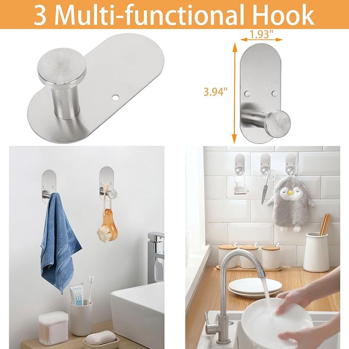 TocTen 5 Pieces Wall Mounted or Self Adhesive Towel Bar Set, Stainless Steel Bathroom Hardware Set Include 16″ Towel Rack, Toilet Paper Holder, 3 Towel Hook, Sticky Bathroom Accessory Kit (Silver)