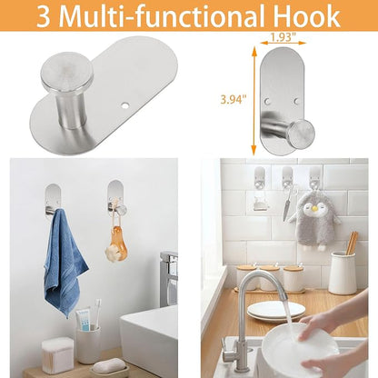 TocTen 5 Pieces Wall Mounted or Self Adhesive Towel Bar Set, Stainless Steel Bathroom Hardware Set Include 16″ Towel Rack, Toilet Paper Holder, 3 Towel Hook, Sticky Bathroom Accessory Kit (Silver)