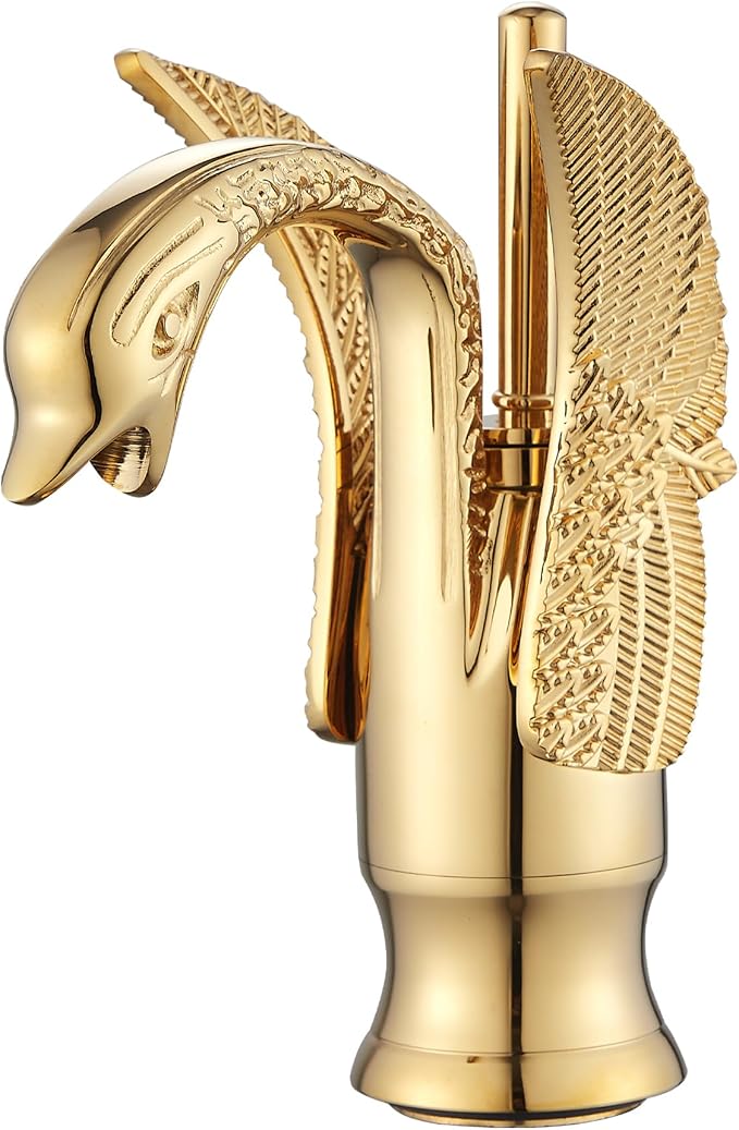 Gold Bathroom Faucet GGStudy Swan Shape Single Handle One Hole Bathroom Vanity Faucet Basin Tap Deck Mount Lavatory