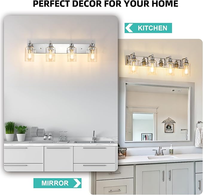 4-Light Bathroom Light Fixtures Modern Chrome Vanity Lights for Bathroom Lighting Fixtures Over Mirror for Cabinet Mirror Bedroom Hallway