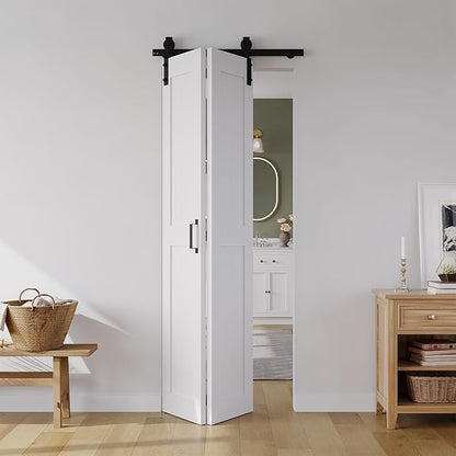 SMARTSTANDARD Bifold Barn Door 30" x 84", MDF Bi-Fold Sliding Closet Doors | Hardware Kit Included, Pre-Finished Easy Assembly, Water-Proof PVC Surface & Save Space, H-Frame, 34" Track for 2 Doors