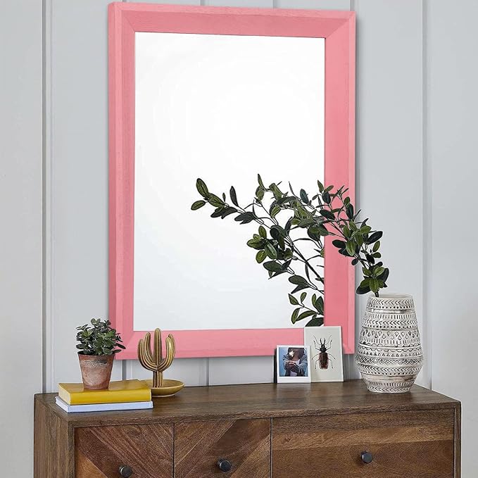 AAZZKANG Rectangle Mirror with Wood Frame Modern Farmhouse Wall Mirrors Decor Large 26"x18" for Bedroom Bathroom Living Room Pink