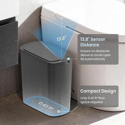Cesun Automatic Small Bathroom Trash Can with Lid, 2.6 Gallon, Grey | Motion Sensor, Plastic, Touchless, Odor Control, Smart Garbage Can, Battery Operated, Manual Button, for Office/RV/Bedroom