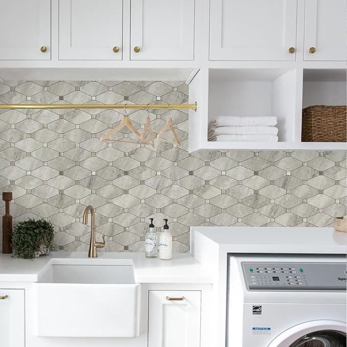 STICKGOO 10 Sheets Peel and Stick Backsplash, Beige | Stick on Mosaic Tiles, Matte PVC Mixed Metal Gold, Self Adhesive Tiles for Kitchen, Fireplace, RV