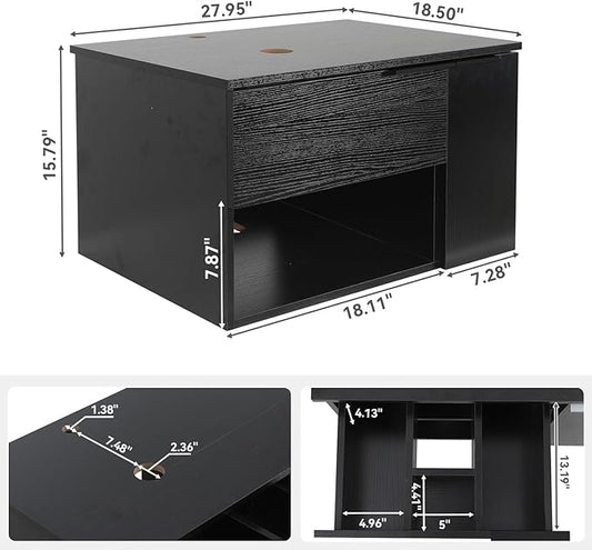 28 Inch Black Floating Bathroom Vanity with 1-Door and 1-Drawer, Modern Wall Mounted Cabinet with Blue Boat Vessel Sink Top