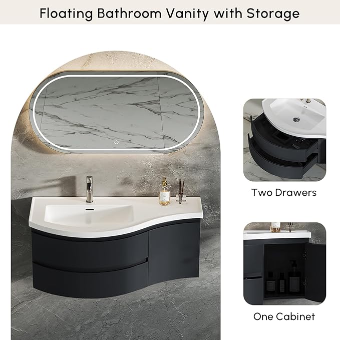 Floating Bathroom Vanity with Sink, 35.4" Modern Curved Bathroom Vanity, Wall Mounted Half-Circle Bathroom Cabinet, White & Black, Left-Hand Sink