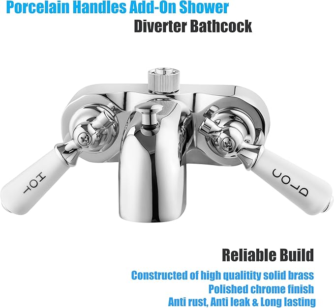 Clawfoot Add-A-Shower Bathcock Diverter,Shower Attachment for Tub Faucet,Bathtub Faucet with Porcelain Lever Handles and Ceramic Disc Cartridges,¾ MIP Inlet,Chrome
