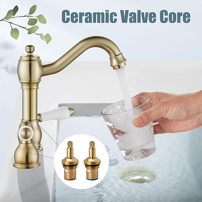 Aolemi 8 Inch Widespread Bathroom Sink Faucet 3 Hole Deck Mount Vanity Basin Mixer Tap with Pop Up Drain Assembly Brushed Gold Double Ceramic Handle