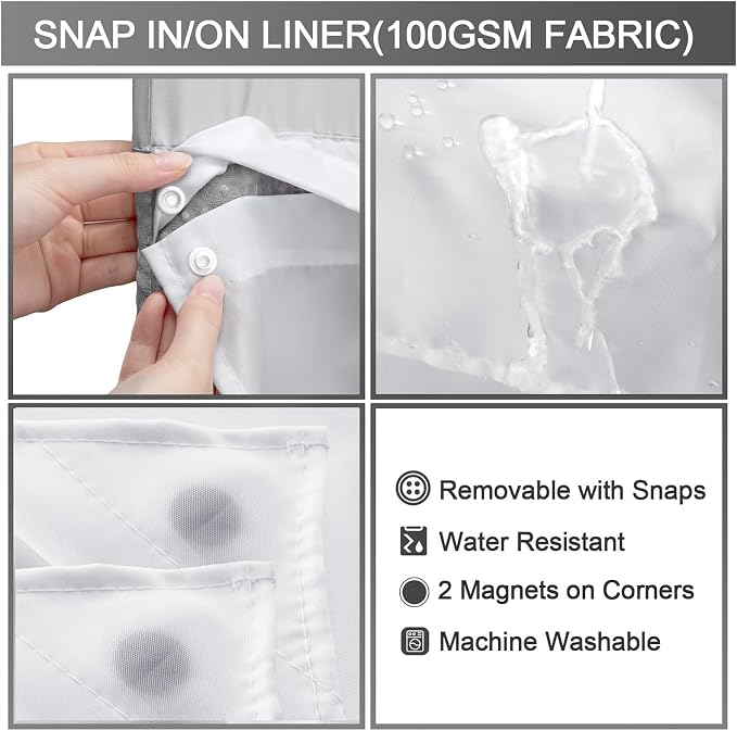 No Hook Shower Curtain Snap-in Fabric Replacement Liner 71" W x 55" L | Washable Snap in Fabric Liner