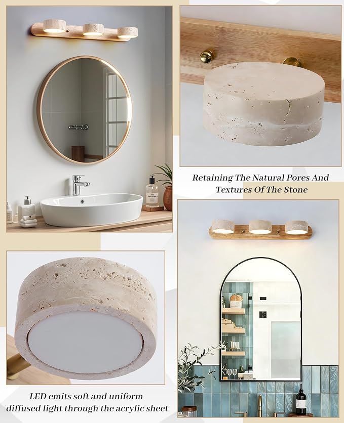 Natural Wood Vanity Light, 19.7 Inches Nordic Style Farmhouse Vanity Lights for Bathroom Wabi Sabi Travertine Wall Sconce with 360° Rotatable Natural Stone Lampshade and Wooden Base (3 Lights)