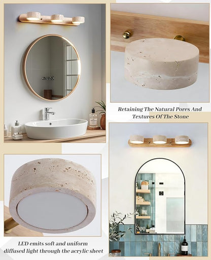 Natural Wood Vanity Light, 19.7 Inches Nordic Style Farmhouse Vanity Lights for Bathroom Wabi Sabi Travertine Wall Sconce with 360° Rotatable Natural Stone Lampshade and Wooden Base (3 Lights)