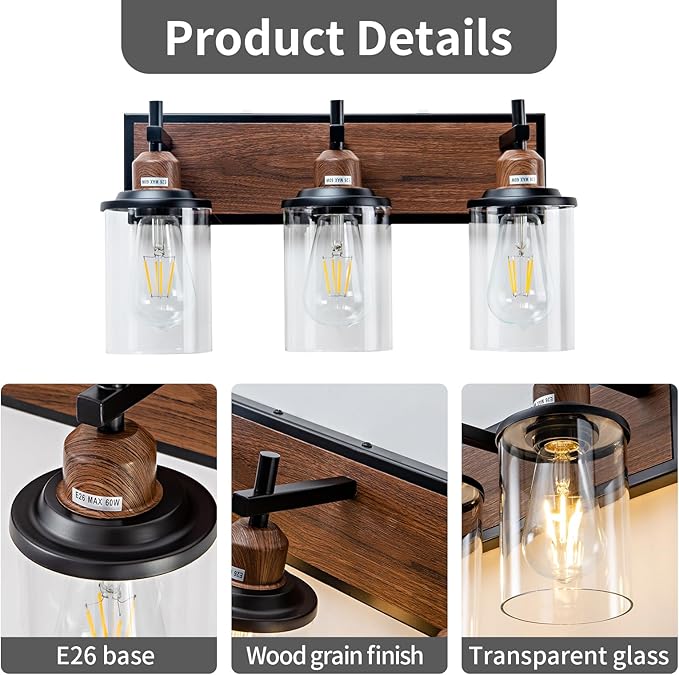 3-Light Farmhouse Bathroom Light Fixtures Vintage Vanity Lights Over Mirror Black and Wood Painted Metal Vanity Light with Glass Shades E26 Socket