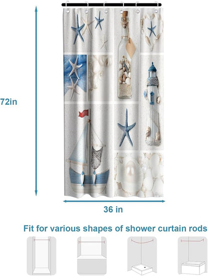 Beach Small Shower Curtain Ocean Modern Nautical Theme Fabric Aesthetic Lighthouse Seashell Bathroom Decor Sets with Grommets and Hooks 36 W x 72 H Inches Blue and White