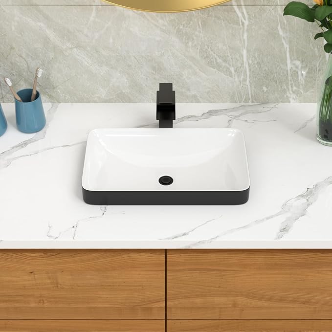 Lordear Vessel Sink Rectangle 19 Inch Bathroom Sinks 19"x12" Inch Semi Recessed Sink 5'' Deep Rectangular White Ceramic Modern Vanity Sink Bath Wash Above Counter Basin