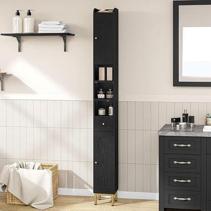 Bathroom Cabinet with Adjustable Shelves, Freestanding Floor Cabinet, Tall Black Bathroom Storage Cabinet, Narrow Toilet Paper Storage, 7.9"D x 7.9"W x 70.9"H
