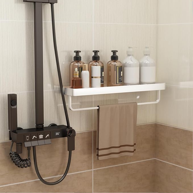 20 Inch Long Floating Bathroom Shelf with Towel Bar, Clear Tempered Glass Wall Shelf for Bathroom Storage Organizer, Matte Silver