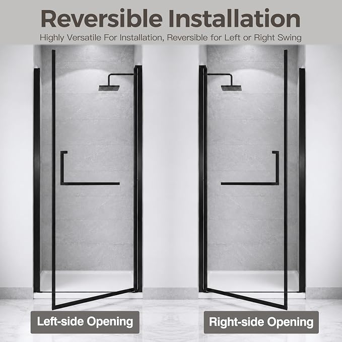 32-33.2" W x 72" H Single Frameless Pivot Swing Shower Door | 1/4" Clear SGCC Tempered Glass with a 28.1" walk-in opening, Matte Black Finish, Adjustable Width, Reversible Installation