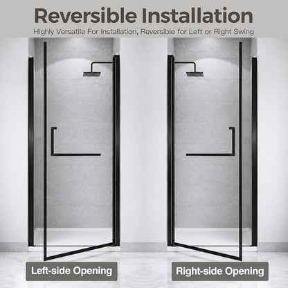 32-33.2" W x 72" H Single Frameless Pivot Swing Shower Door | 1/4" Clear SGCC Tempered Glass with a 28.1" walk-in opening, Matte Black Finish, Adjustable Width, Reversible Installation