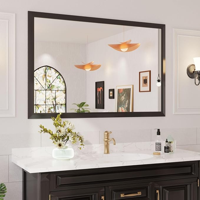 Bathroom Mirror Black, 60x40 Inch | Thick Metal Framed, HD Reflection, Anti-Rust, Hang Horizontally/Vertically, Suitable for Vanity, Bedroom, Bathroom, Entryway