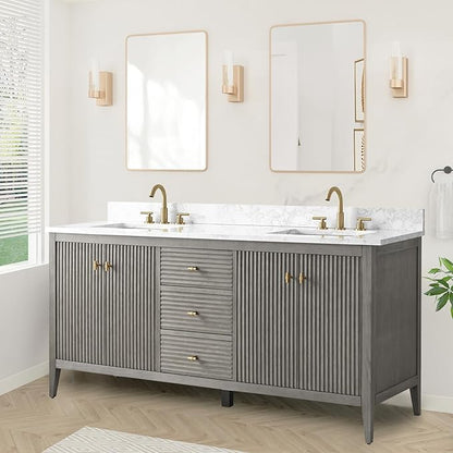HOMEBEYOND 72" Bathroom Vanity with Double Sink, Solid Wood Bathroom Vanity Free-Standing Cabinet, Ceramic Top & Soft Closing Door, Golden Brushed Handware, Driftwood Gray