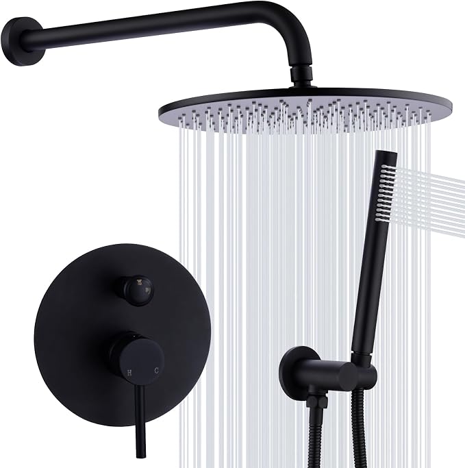 TRUSTMI 10" Pressure Balance Rain Shower System with Handheld, Matte Black | Rain shower faucet with cUPC valve and handheld spray. Prevents scalding, ideal for safe modern bathroom upgrades