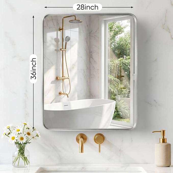 Sweetcrispy Bathroom Mirror 36x28 Inch, Vanity Mirror for Wall | Metal Framed Rounded Rectangle, Over Sink, Farmhouse, Restroom, Anti-Rust, Horizontal or Vertical Hanging, Silver