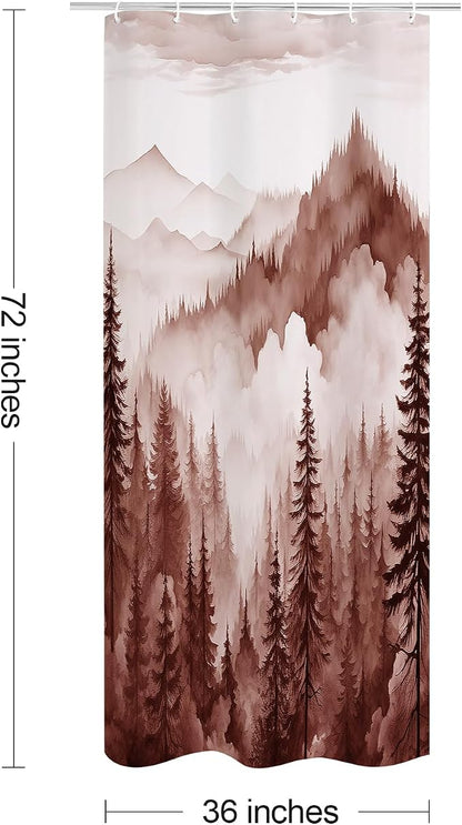 Litabel Burgundy Small Stall Misty Pine Forest Shower Curtain 36 x 72, Mountain Foggy Woodland Scenery Tree Narrow Half Size Shower Curtains for Bathroom, Abstract Waterproof Nature-Themed Decor