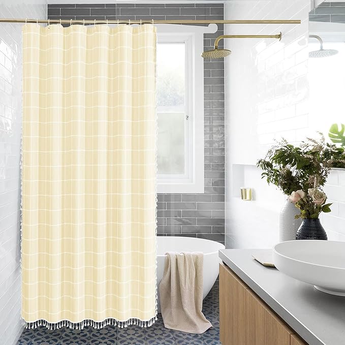 Yellow Cream Boho Farmhouse Shower Curtain for Bathroom 72x72 | 320 GSM French Country Plaid Tassel Shower Curtain, Rustic Aesthetic Bathroom Decor Windows Curtain