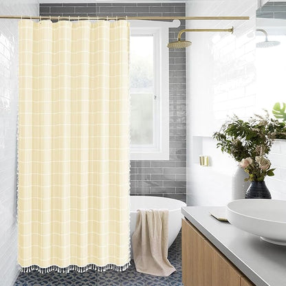 Yellow Cream Boho Farmhouse Shower Curtain for Bathroom 72x72 | 320 GSM French Country Plaid Tassel Shower Curtain, Rustic Aesthetic Bathroom Decor Windows Curtain