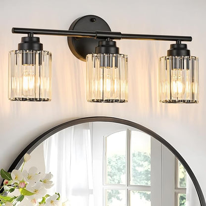 3-Light Black Bathroom Light Fixture, Modern 20.9" Bathroom Vanity Light, Vanity Light with Clear Crystal Shades, E26 Base Wall Sconces Over Mirror for Bathroom, Bedroom, Hallway