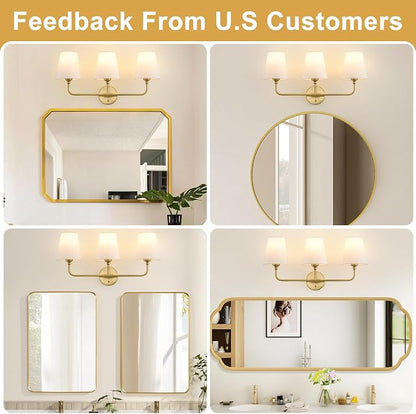Bathroom Light Fixtures, 3-Light Brushed Gold Vanity Lights, 25" Bathroom Lighting Fixtures Over Mirror with White Flared Fabric Shade, Modern Wall Sconces for Bathroom Bedroom Living Room Hallway
