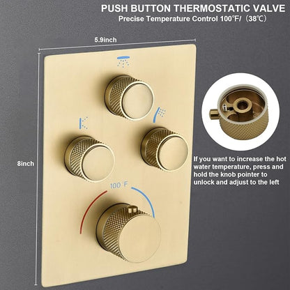 Dual Shower Heads Shower System with 16" Ceiling Mounted Rain Shower Head & 6" Wall Mounted Head Full Body Shower System 3 Way Thermostatic Shower Valve Can All Run Together, Brushed Gold