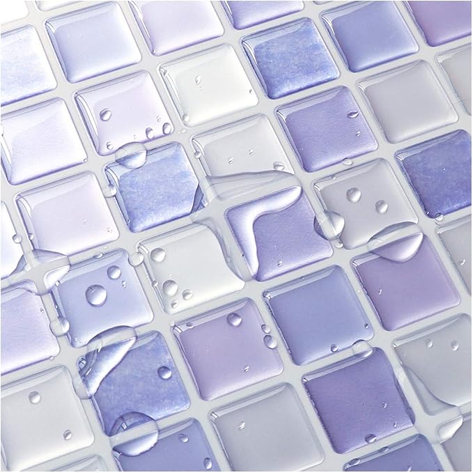 3D Mosaic Tile Sticker Removable Wallpaper Tile Purple, 3D Self Adhesive Wall Tiles Bathroom Wall Tiles for Kitchen Backsplash Purple, PVC Square Decorative Vinyl Decals, 4 Sheets
