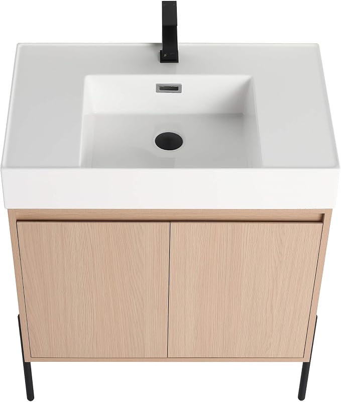 Crownpoint 30 Inch Bathroom Vanity with Sink, White Sink, White Oak Finish, Full Assembly Required, Elegant Bathroom Vanities for Modern Homes