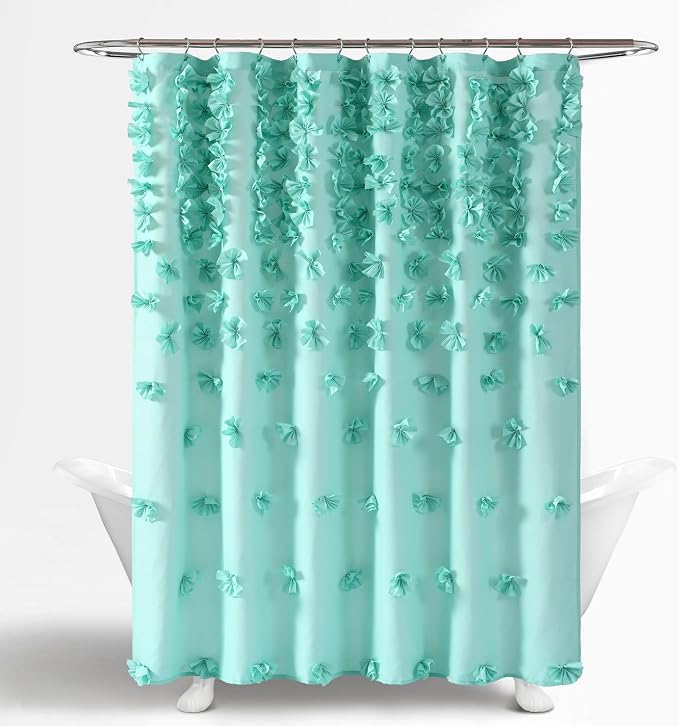 Lush Decor Riley Shower Curtain, 72" W x 72" L, Aqua - Bathroom Curtain - Coquette Decor - Bow Shower Curtains - Cottage Core - Fabric Shower Curtains