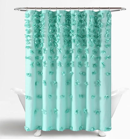 Lush Decor Riley Shower Curtain, 72" W x 72" L, Aqua - Bathroom Curtain - Coquette Decor - Bow Shower Curtains - Cottage Core - Fabric Shower Curtains
