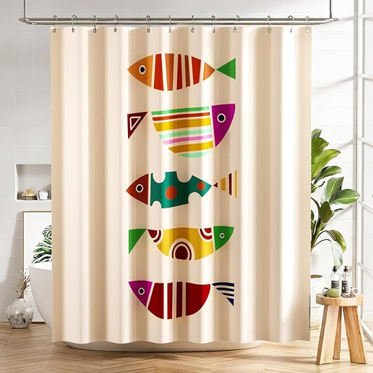 AmazerBath Cute Shower Curtain, Geometric Shaped Fish Bathroom Shower Curtain with 12 Shower Curtain Hooks, Rustic Fabric Shower Curtain Set, 72x72 Inches