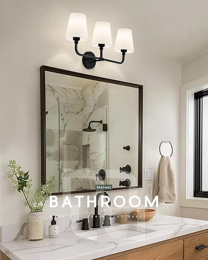 Bathroom Light Fixtures, Matte Black Vanity Lights with Flared White Fabric Shade, 3 Light Wall Sconce, Modern Sconces Wall Lighting for Hallway Bedroom, VL837-MB-3