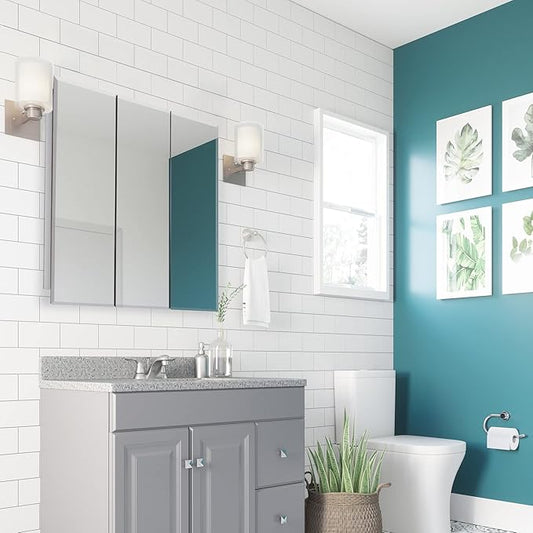 Design House Cyprus Medicine Cabinet, 3 Frameless Mirrored Doors, 2 Adjustable Shelves, Pre-Assembled, Surce or Recess-Mounted, White, 36.3 in. W x 4.4 in. D x 30.1 in. H, 590265